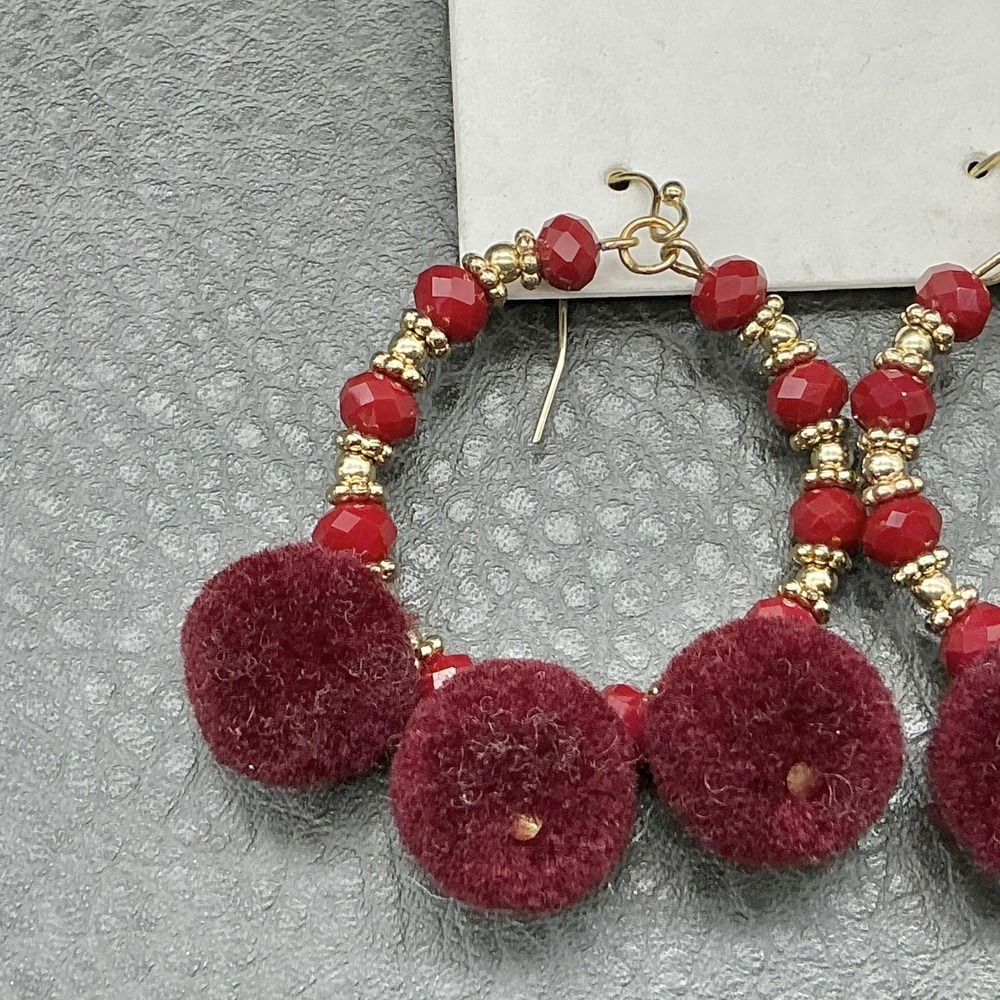 LOFT Earrings Red Beaded Hoop‎ Womens Gold Tone Pom Pom Dangle Jewelry Fashion - Picture 5 of 7